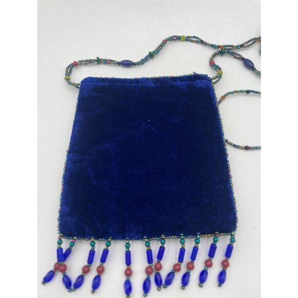 Beaded Velvet Evening Bag With Blue & Multicolor Floral Embroidery Zipper Closur - Picture 3 of 5